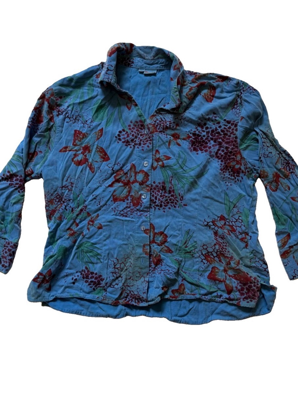 Tianello Blue Floral Button-Down Shirt with Red and purple Accents